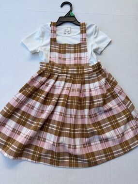 Girls Pink & Brown Plaid Pinafore Dress with White Tee NEW
